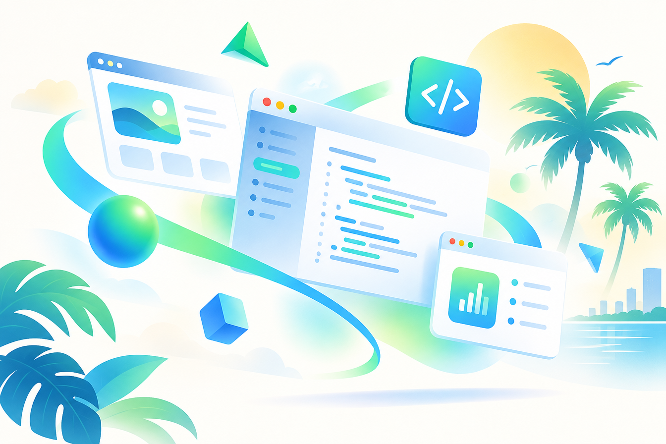 Abstract illustration of software apps, code, and Florida sunshine